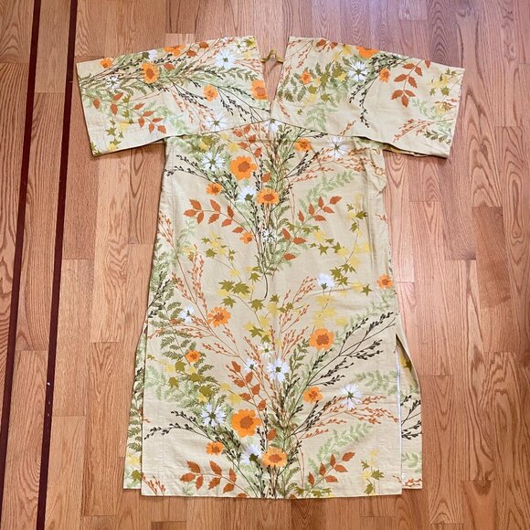 Vintage cotton kaftan kimono-style Japanese floral leaf print - Picture 1 of 7